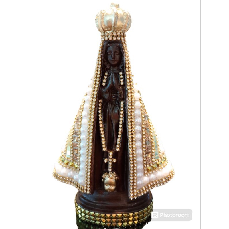 Imagem de Nossa Senhora Aparecida Marrom de Pérola bege Strass Pedraria 2Ocm de Gesso Portuguesa!