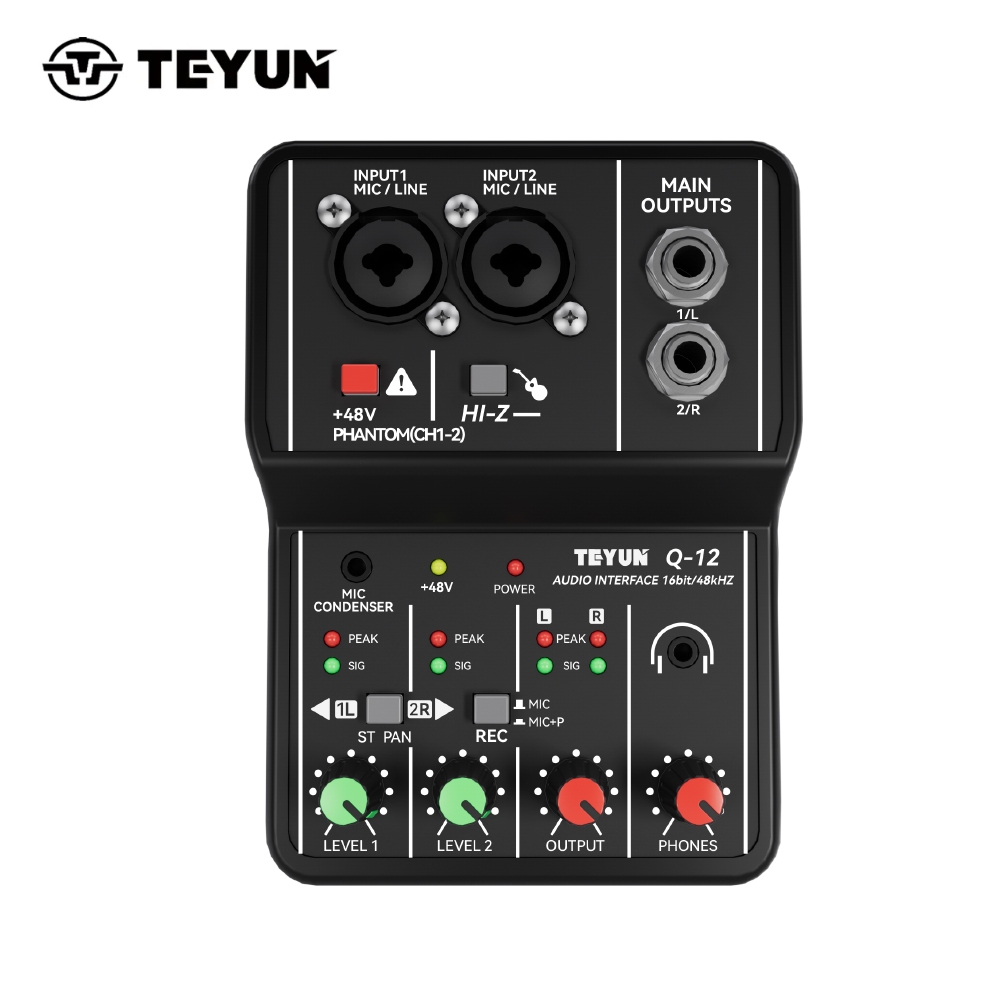 TEYUN Q-12 Professional Audio Sound Card Com Monitor Guitarra Elétrica Gravação Live Broadcast Para Cantar Computador PC Studio em Oferta na Shopee
