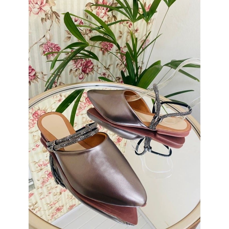 Mule Calça 2 Em 1 Strass Bico Fino Sandália Muller Com Detalhe Sapatilha Mocassim