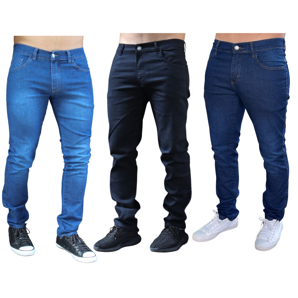 Kit 3 calças Jeans Masculina Lisa Lycra Slim Premium