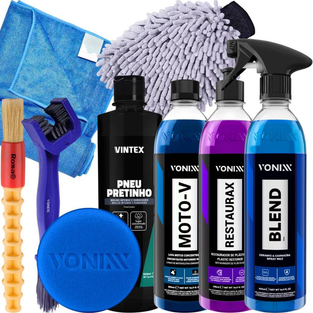 Kit para Lavar Moto Blend Spray Moto-V Restaurax Pneu Pretinho Vonixx