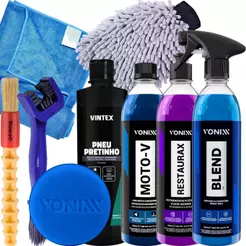Kit para Lavar Moto Blend Spray Moto-V Restaurax Pneu Pretinho Vonixx