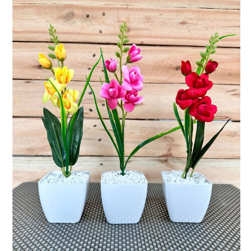 Trio de vasinhos mini arranjo de orquídeas permanentes efeito real decoração