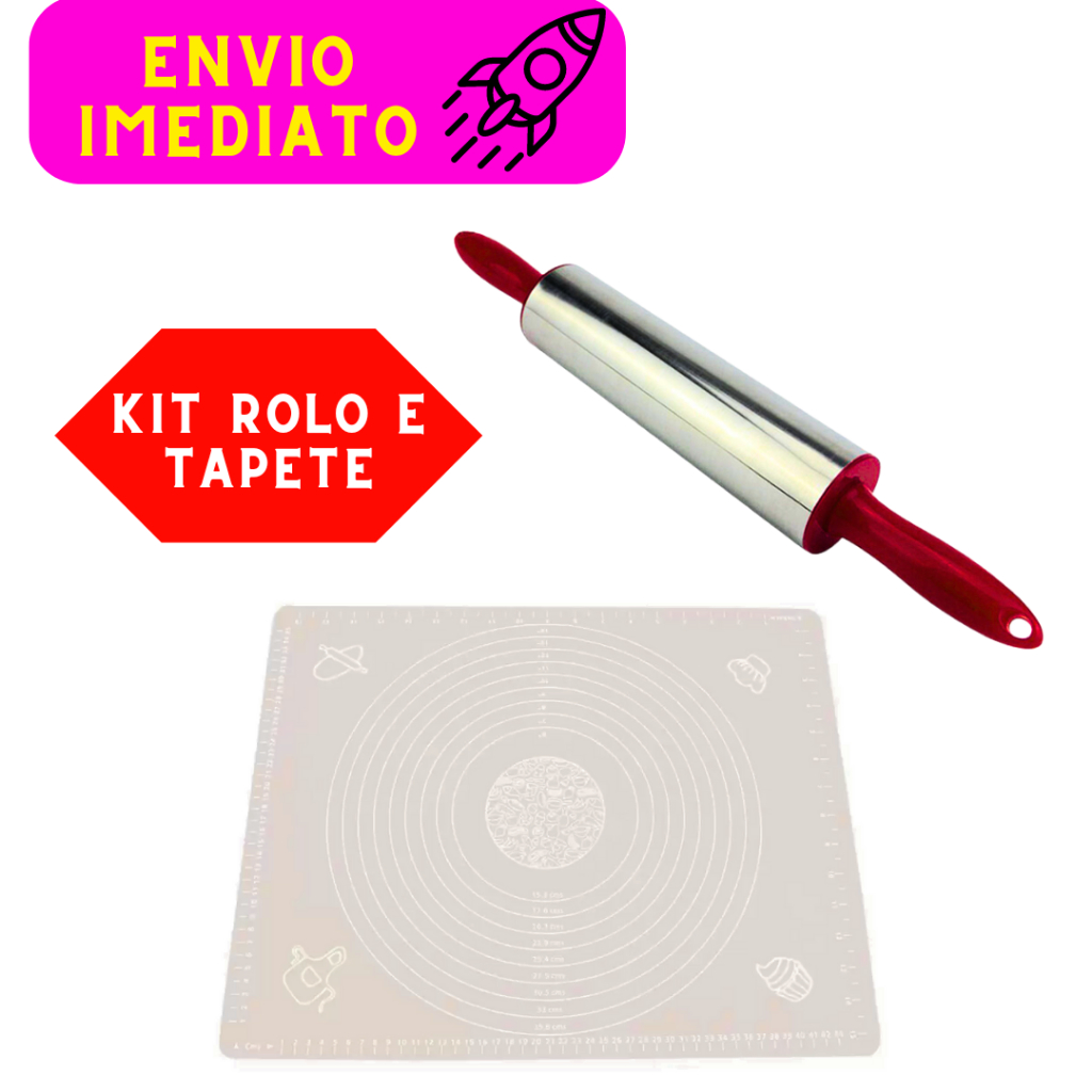 Kit 02 Peças 01 Tapete Culinário e 01 Rolo de Massas Utesílios Tapete de Silicone Rolo Aço Ino