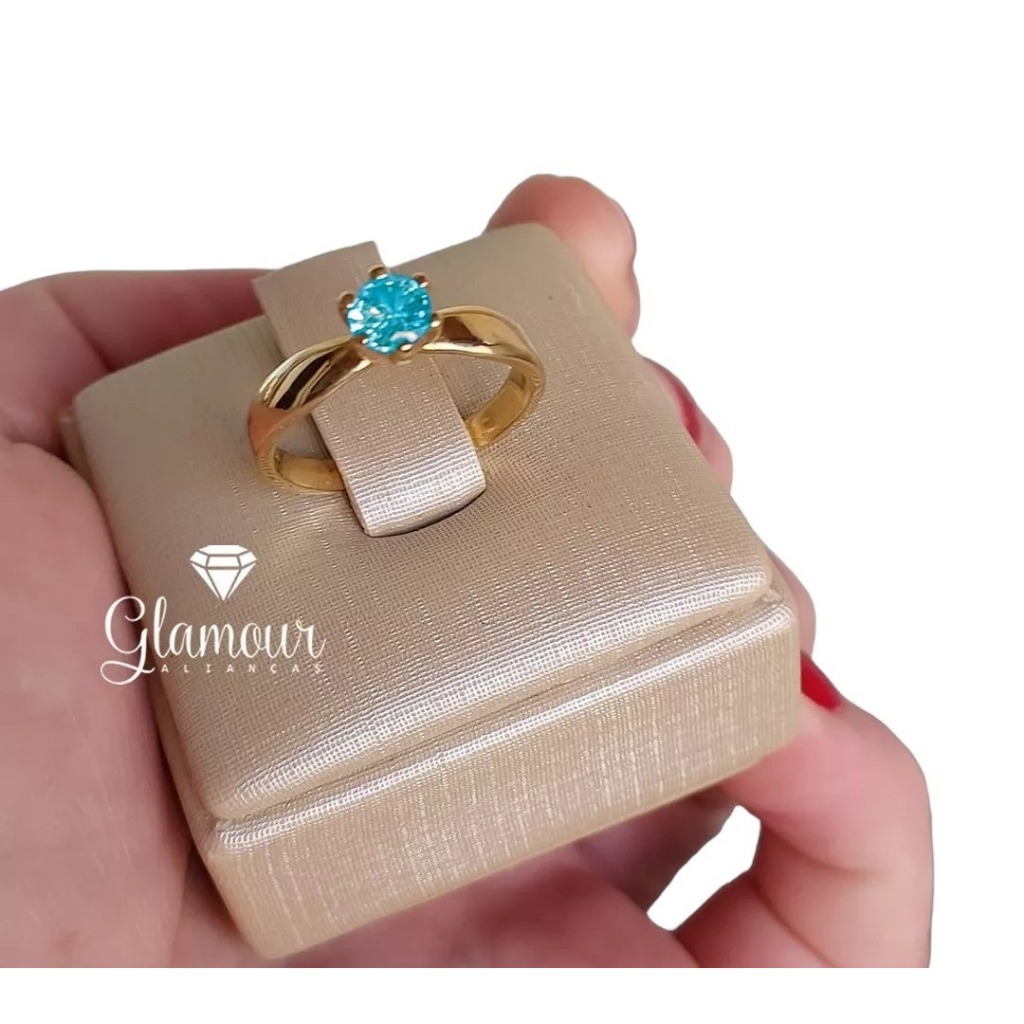 Anel de Moeda Antiga Solitário Pedra Aquamarine Feminino