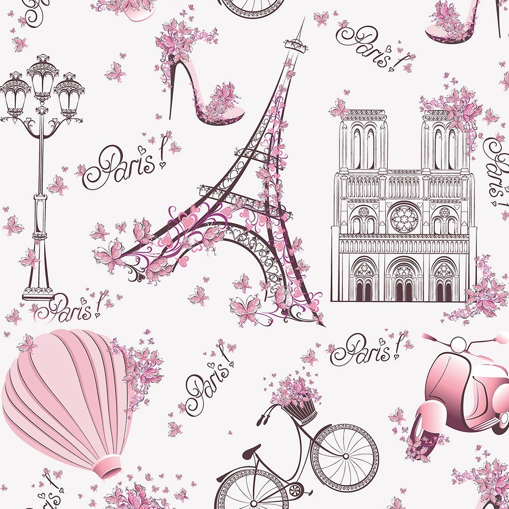 Papel de Parede Infantil Paris fundo rosa claro Lambretas e Flores Para Sala e Quarto 1,50 mts em Oferta na Shopee