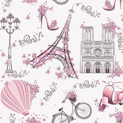 Papel de Parede Infantil Paris fundo rosa claro Lambretas e Flores Para Sala e Quarto 1,50 mts