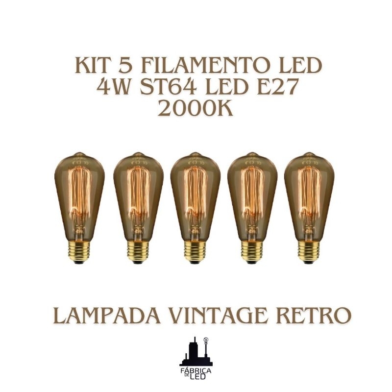 Kit 5 Filamento led 4w st64 led E27 2000k Bivolt lampada Vintage Retro em Oferta na Shopee
