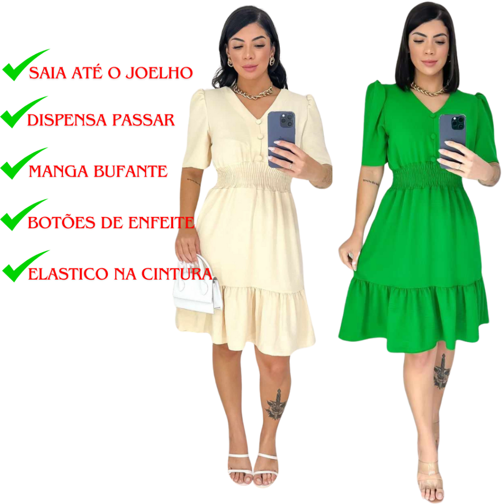 Vestido Feminino Midi Liso / Botões de detalhe / Gola V / Elastex na cintura em Oferta na Shopee