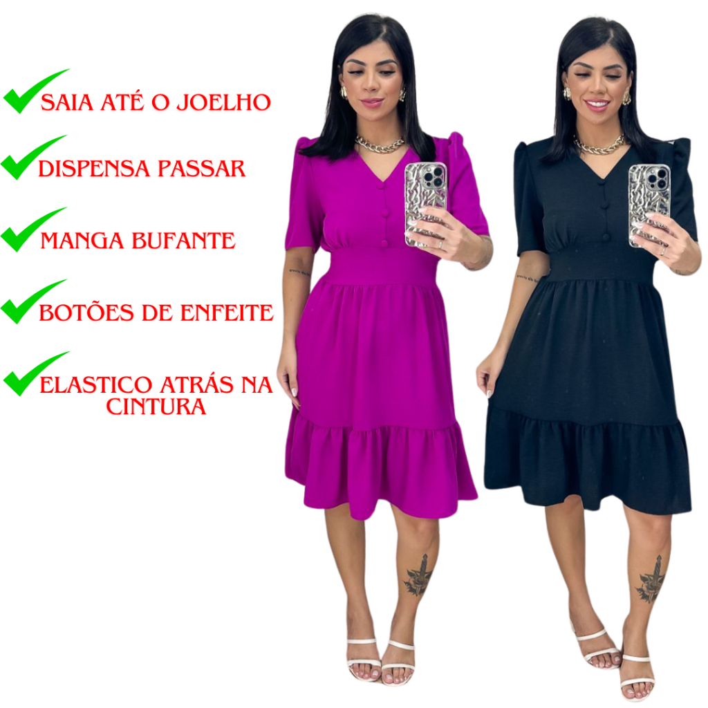 Vestido Feminino Midi Liso com elastex nas costas em Oferta na Shopee