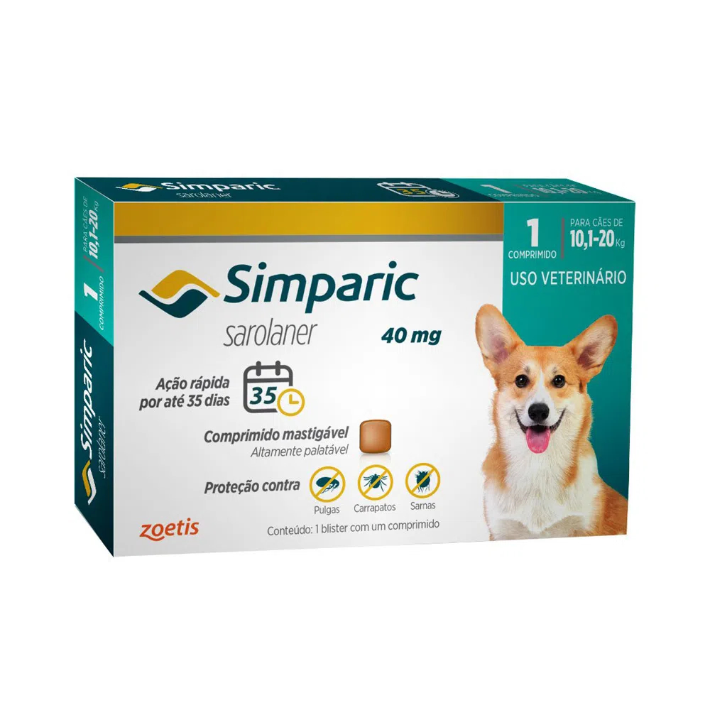 Antipulgas para Cães Simparic 40 mg 10,1 a 20 kg - 1 Comprimido em Oferta na Shopee