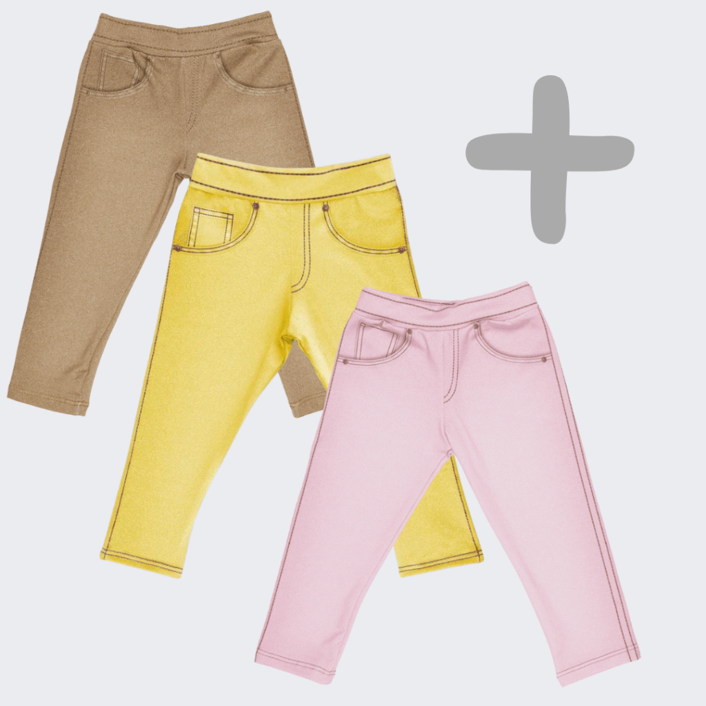 Kit 3 Calças Fake Jeans MiniBoo Proteção Solar 50+ - Calças: Rosa, Marrom e Amarela - Recém nascido até 2