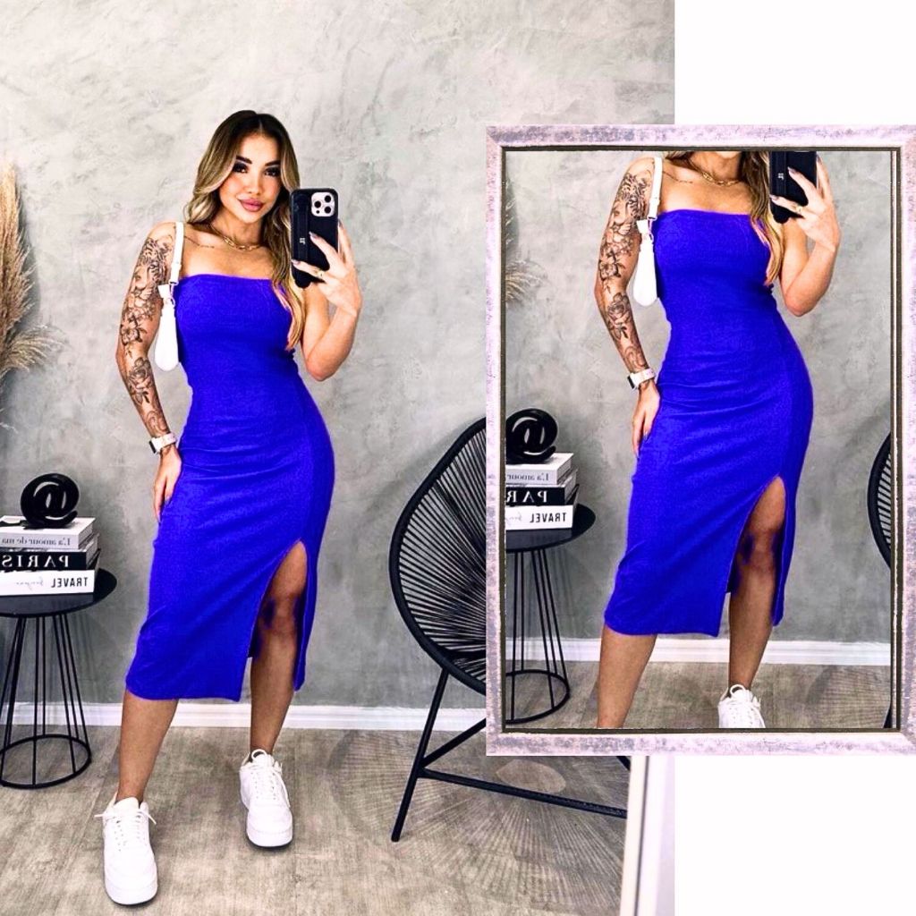 Vestido Tomara que Caia Canelado Midi com Fenda - Elegância e Ousadia em Oferta na Shopee