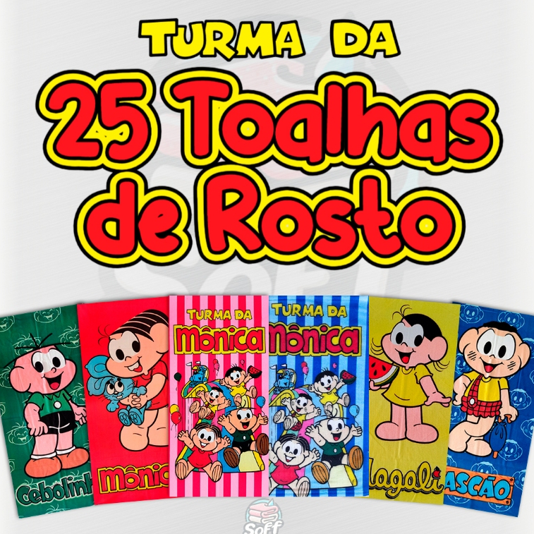 25 toalhas de Rosto e Mão Turma da Mônica Surtidas Aleatórias Infantil Menino Menina
