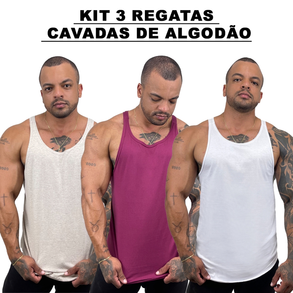 Kit 3 Regatas Masculina Cavadas Bege + Bordo + Cores Nadador Algodão Lisa Básica Bombey