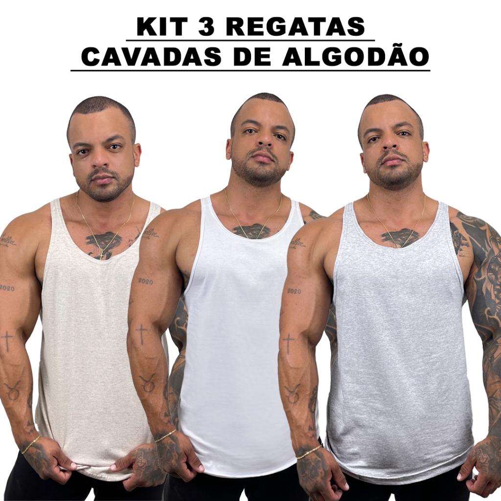 Kit 3 Regatas Masculina Cavadas Bege + Branco+ Cores Nadador Algodão Lisa Básica Bombey