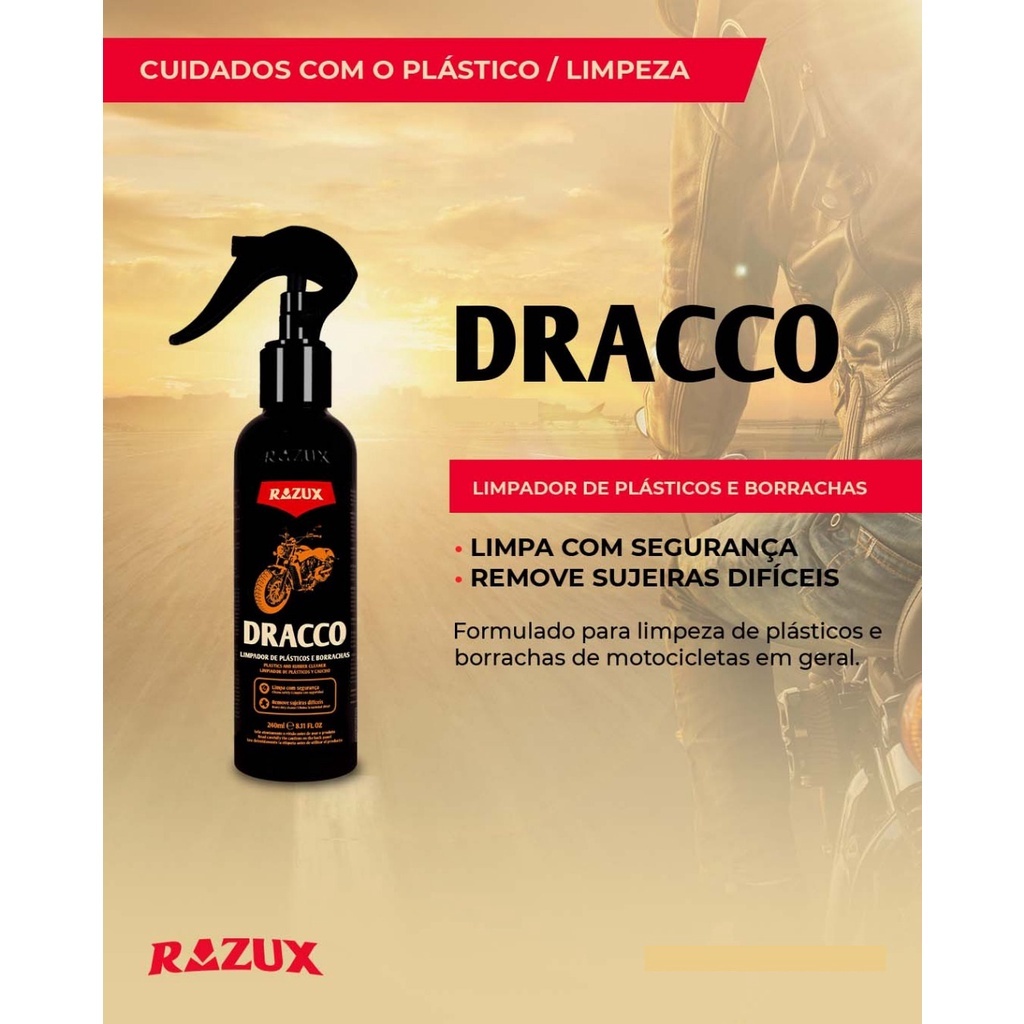 Detalhes do Produto Para Limpar Plasticos e Borrachas de Moto Dracco Razux 240ml