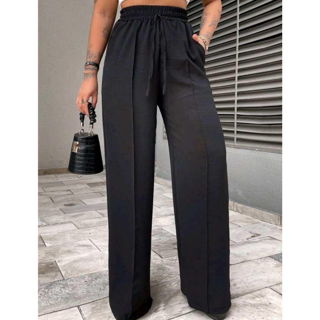 Calça Pantalona Feminina Wide Leg com elastico Cintura Alta Bolso Flare Duna folgadinha Qualidade