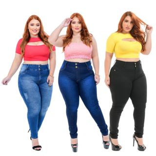 Kit 3 Calça Jeans Plus Size Feminina C/ Lycra Cintura Alta em Oferta na Shopee