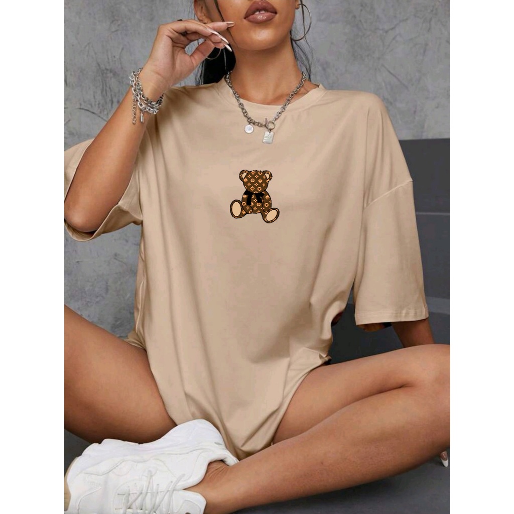 Oversized camiseta feminina ombro caído ocasional 100% algodão com arte Urso grande estampada em Oferta na Shopee
