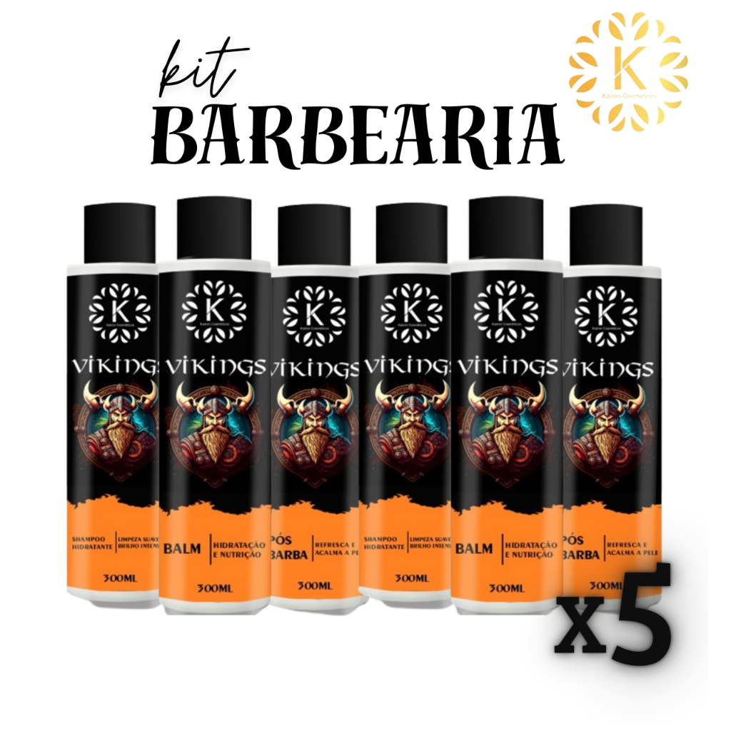 5 Kit BARBA para BARBEARIA 5 Shampoo + 5 Balm + 5 Creme pós barba Linha Viking 300mL Kairon Cosméticos