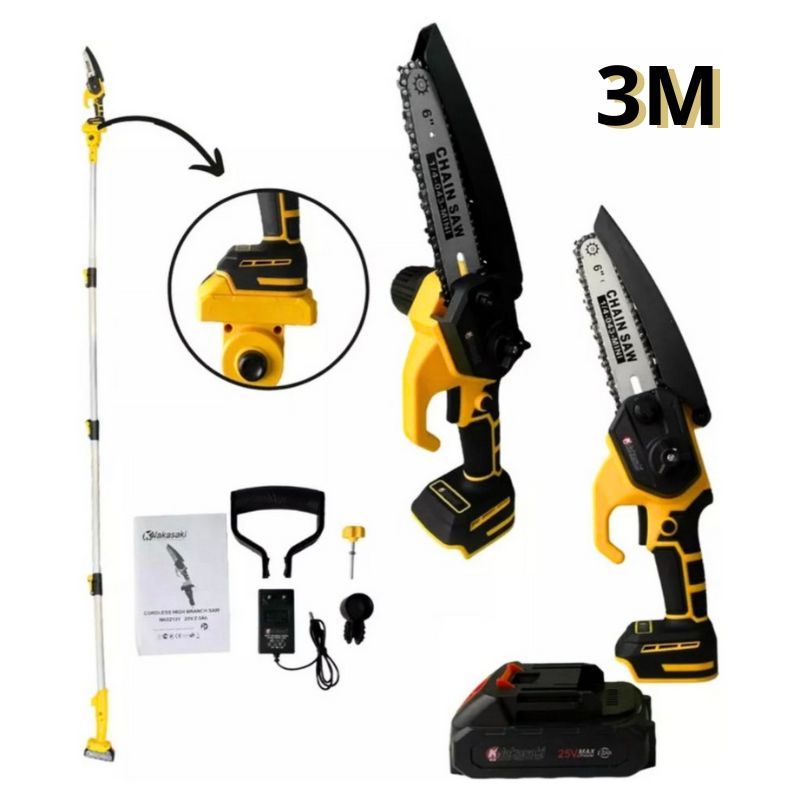 Mini Motosserra a Bateria 25V com Extensor de 3 Metros 6 Polegadas - Motoserra Moto Serra 1000w