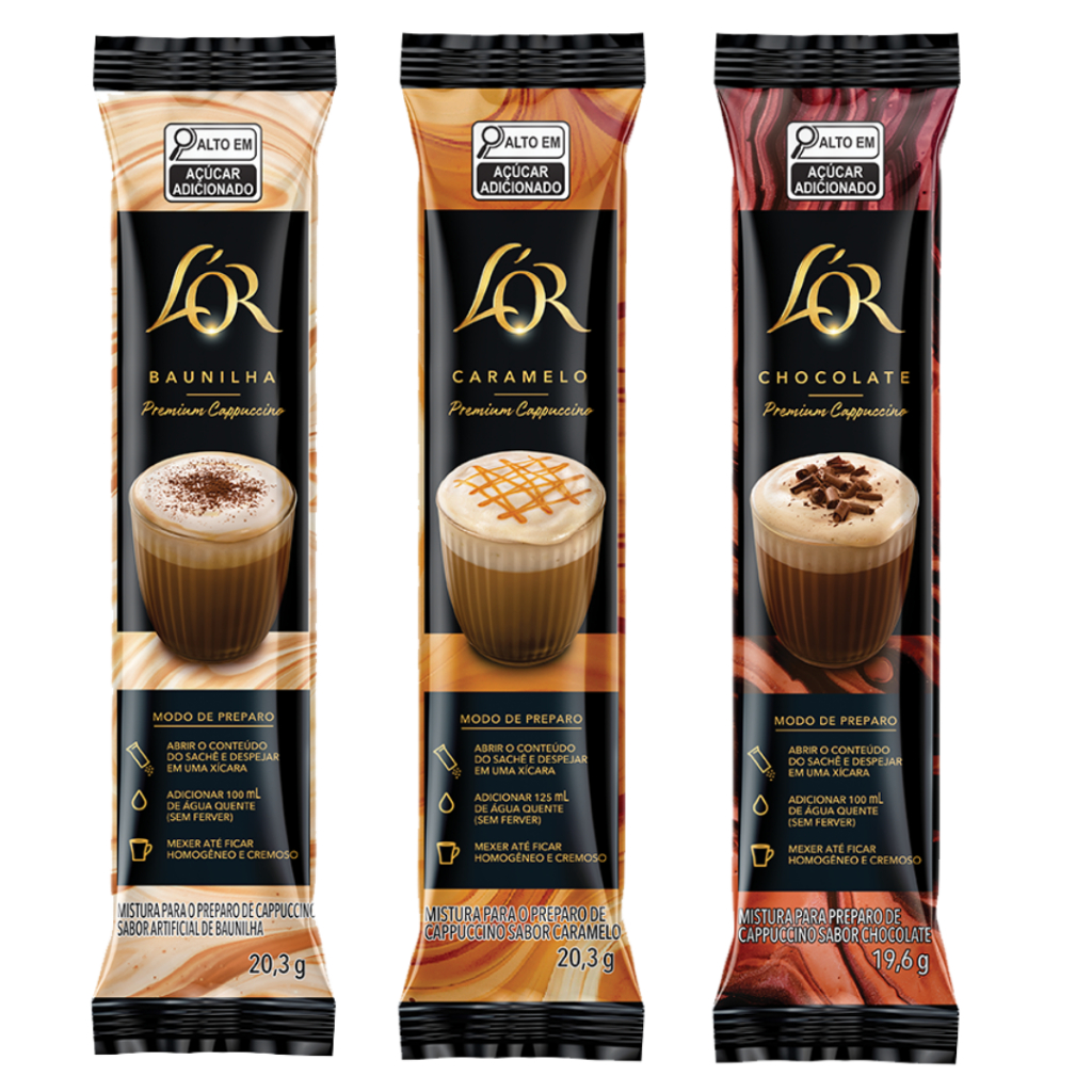 Kit c/18 Mistura para preparo de Cappuccino em sachê Lor - Baunilha, Caramelo e Chocolate em Oferta na Shopee