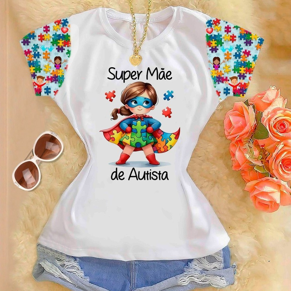 Tshirts Polielastano com Manga Estampada - Autismo Super Mãe de Autista em Oferta na Shopee
