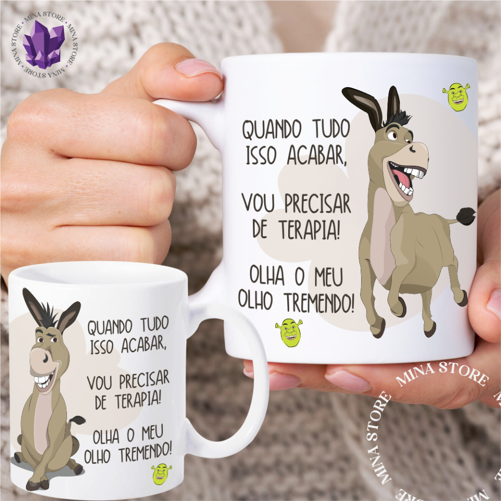 Caneca Cerâmica Burro do Shrek Vou Precisar de Terapia