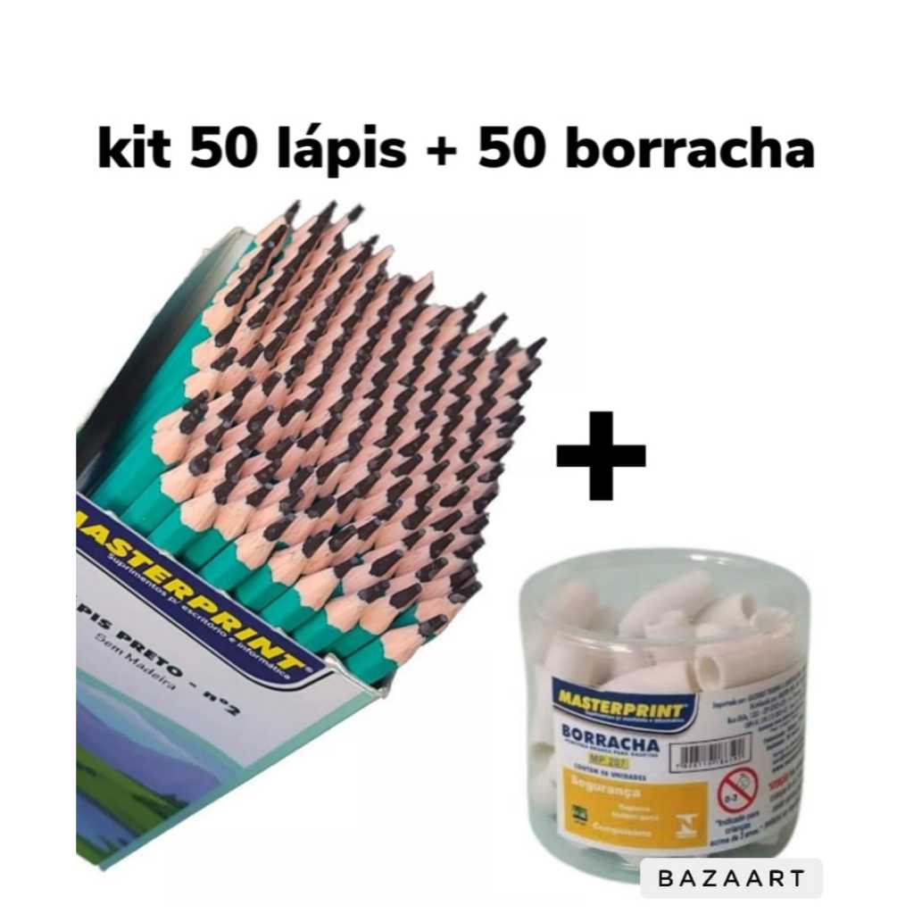 Kit 50 Lápis de Escrever Nº2 Preto + 50 Borracha Escolar  Ponteira Branca Masterprint em Oferta na Shopee
