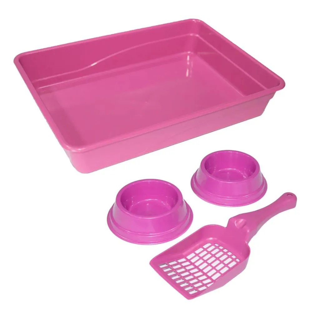 Kit Gato Cores Variadas - Bandeja (baixa) + 2 Comedouros + pá higiênica