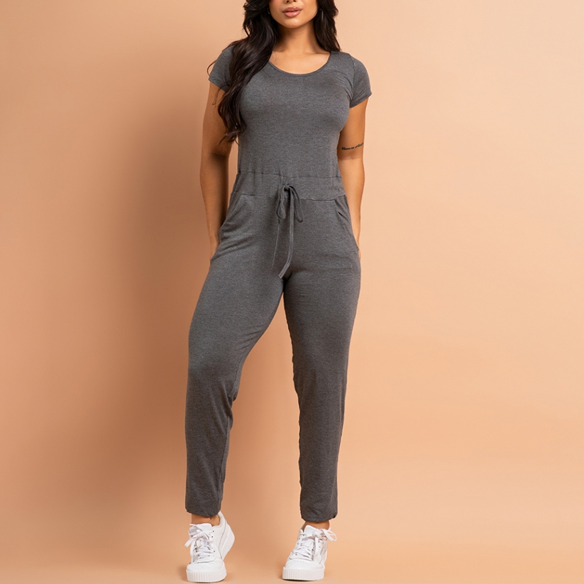 Macacão Feminino Longo Casual Manga Curta Com Bolsos Calça Jogger Liso Viscolycra