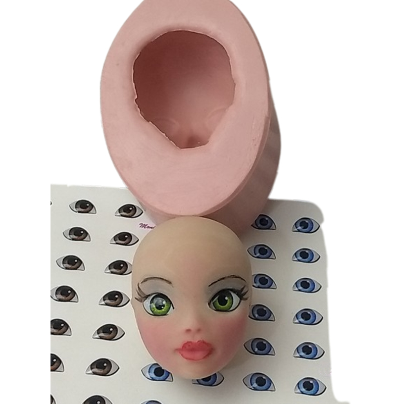Molde Silicone Artesanato Biscuit Gesso Parafina -  Rosto Boneca Doll Cabeça Bia + Olhos Adesivos Resinados ref. 527 tam. P
