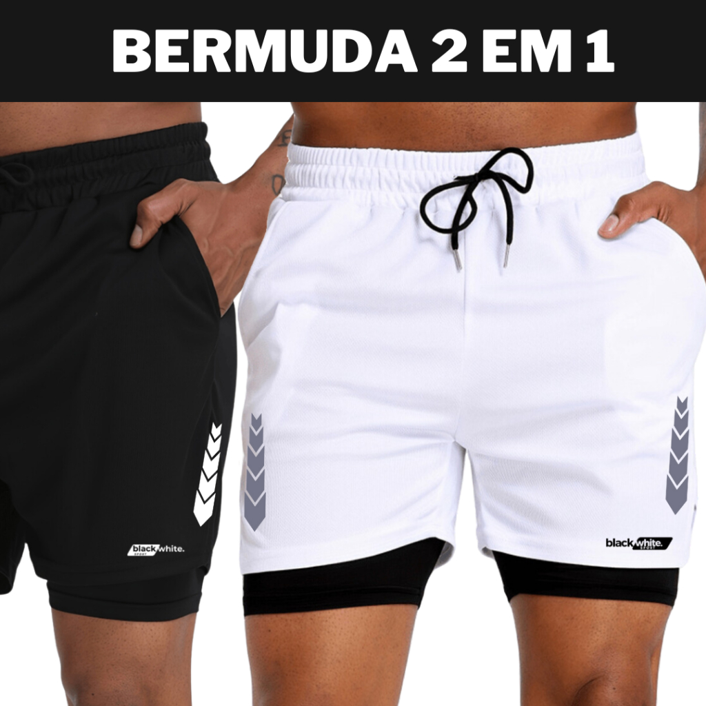 Bermuda 2 em 1 masculina  academia black white sports FLECHA lançamento 2024 em Oferta na Shopee