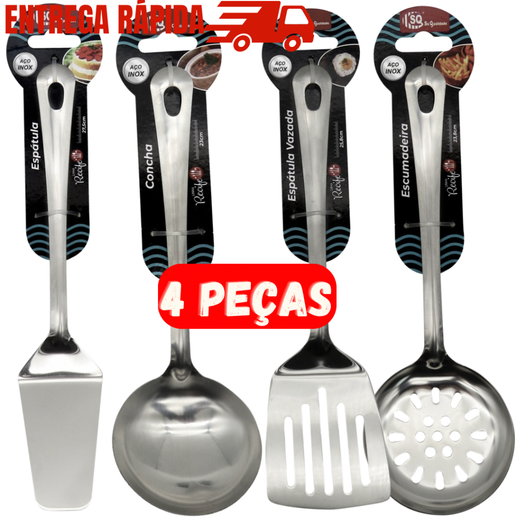 Kit Jogo 4 Peças de Utensílios Escumadeira Arroz  Concha Feijão Espátula Hambúrguer Espátula Bolo