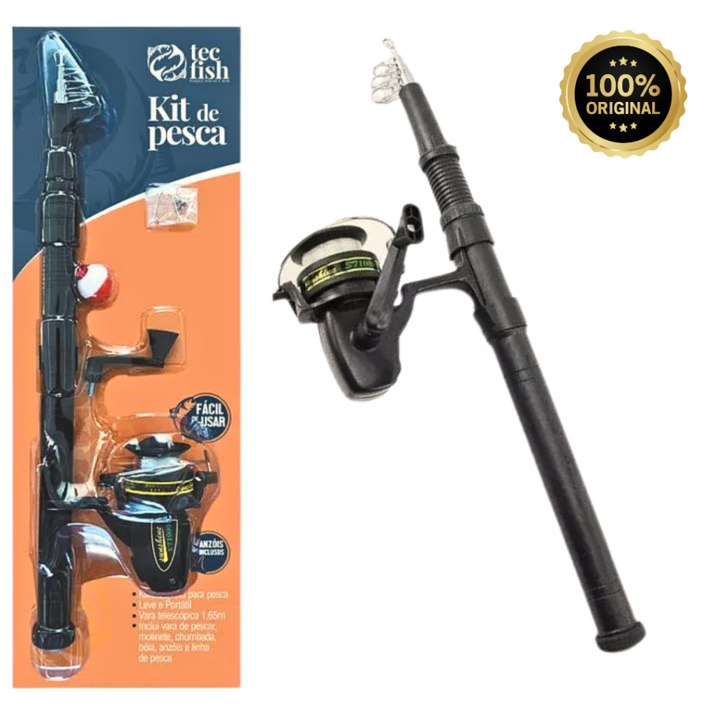 KIT DE PESCA COMPLETO TECFISH KTC-1000 - VARA TELESCÓPICA 1.65M, MOLINETE, CHUMBADA, BÓIA, ANZÓIS.