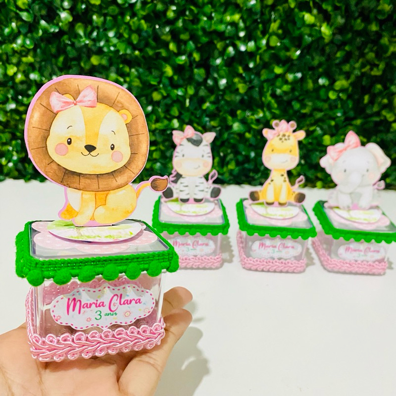 Kit 10 Caixas Acrílica 5x5 Safari Rosa Lembrancinha Personalizada Luxo | Festa Infantil
