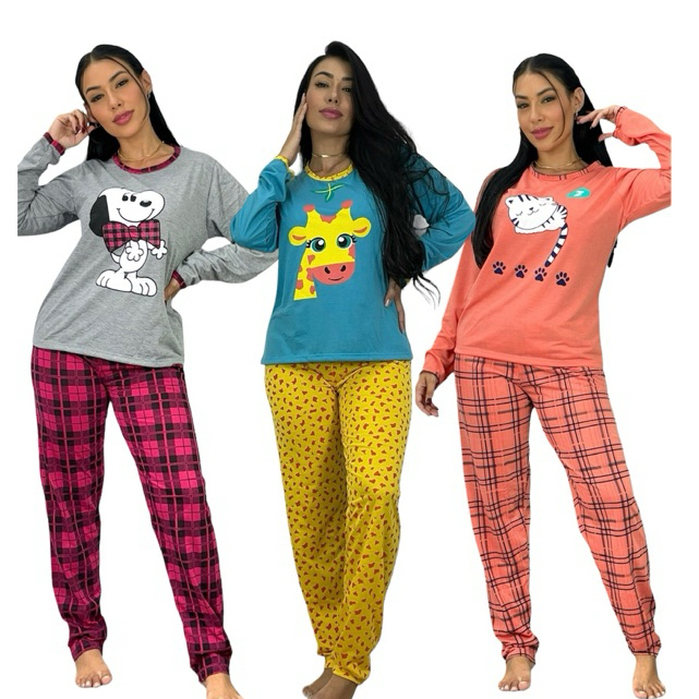 Pijama Longo FB Feminino Malha Inverno Adulto Manga Comprida Oferta Frio Personagens