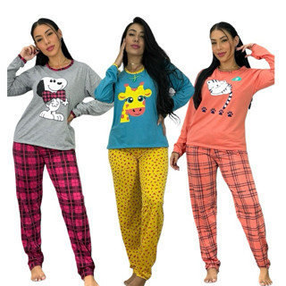 Pijama Longo FB Feminino Malha Inverno Adulto Manga Comprida Oferta Frio Personagens