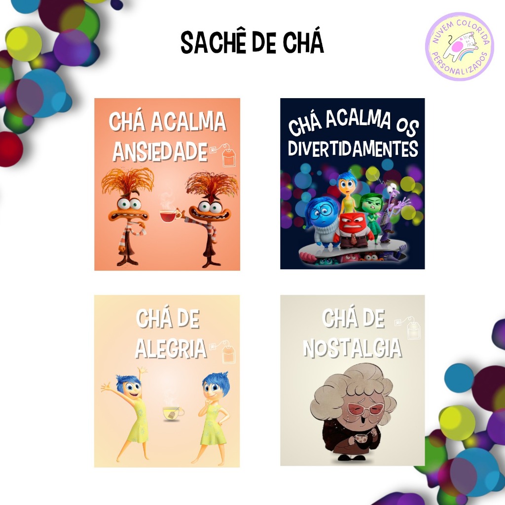 Kit de Sachê com Chá Personalizado no Tema Divertida Mente - Brindes Mimos para Clientes - Chá Personalizado com Sachê e Embalado Individualmente