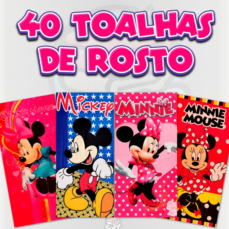 40 Toalhas de Rosto e Mão Personalizada Mickey Mouse Minnie  Mouse Surtidas Infantil Menino Menina