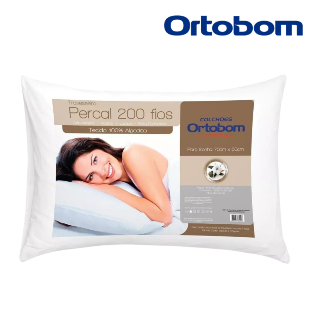 Travesseiros Ortobom Percal 200 fios Macio 70CM X 50CM 100% Algodão Antialérgico