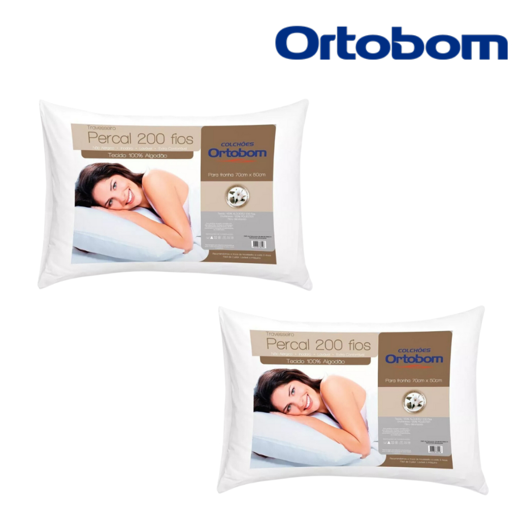 Kit 2 Travesseiros Ortobom Percal 200 Fios 100% Algodão Antialérgico 70cm X 50cm em Oferta na Shopee