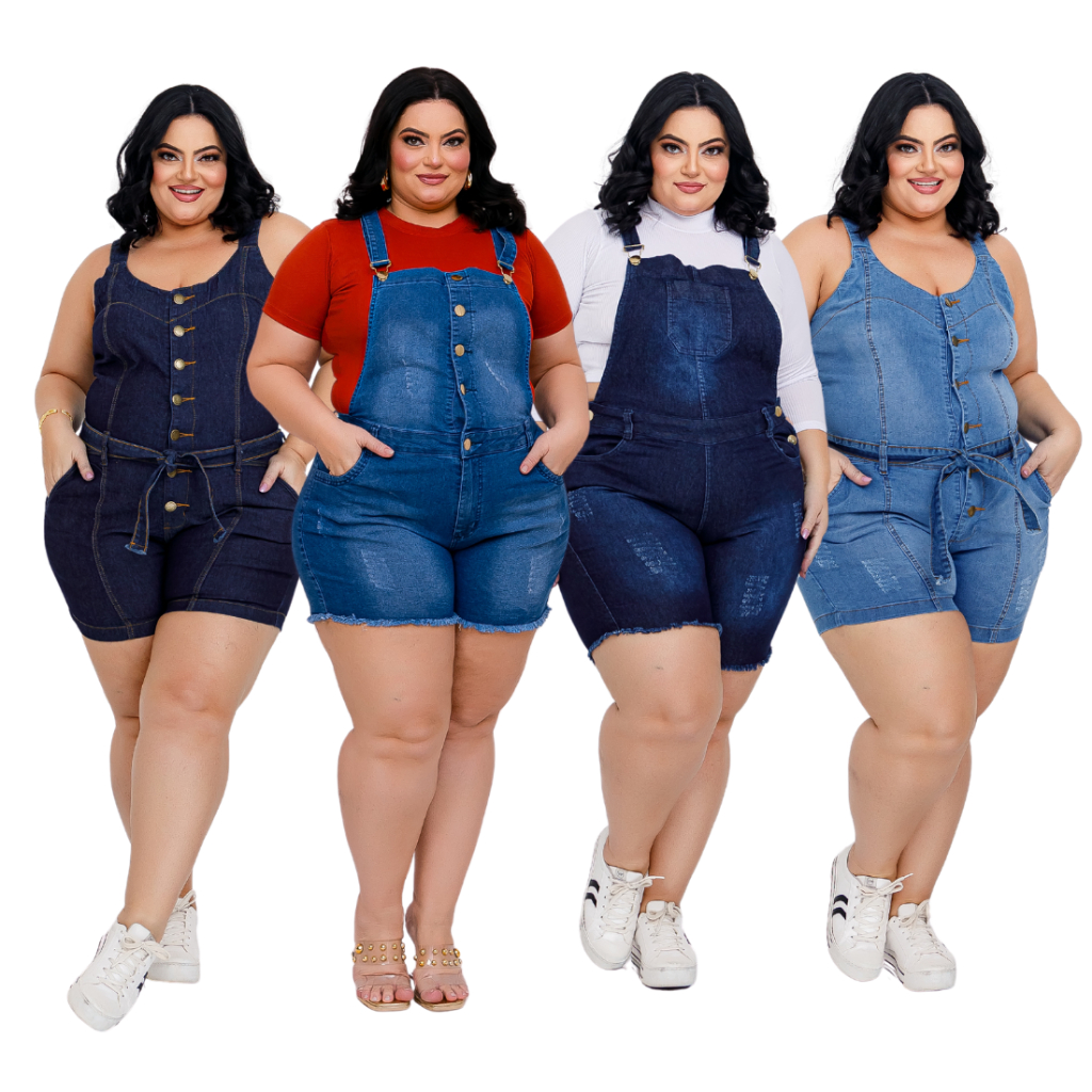 Jardineira Short Macaquinho Jeans Plus Size Feminina Lycra