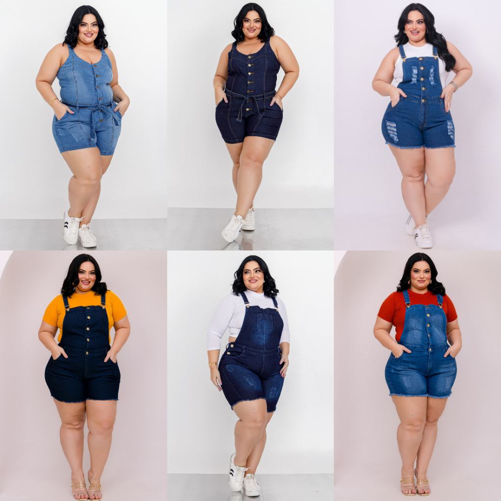 Macaquinho jeans plus size cintura alta com elastano alça