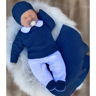 Saída de maternidade menino tricô marinho Vitor em Oferta na Shopee