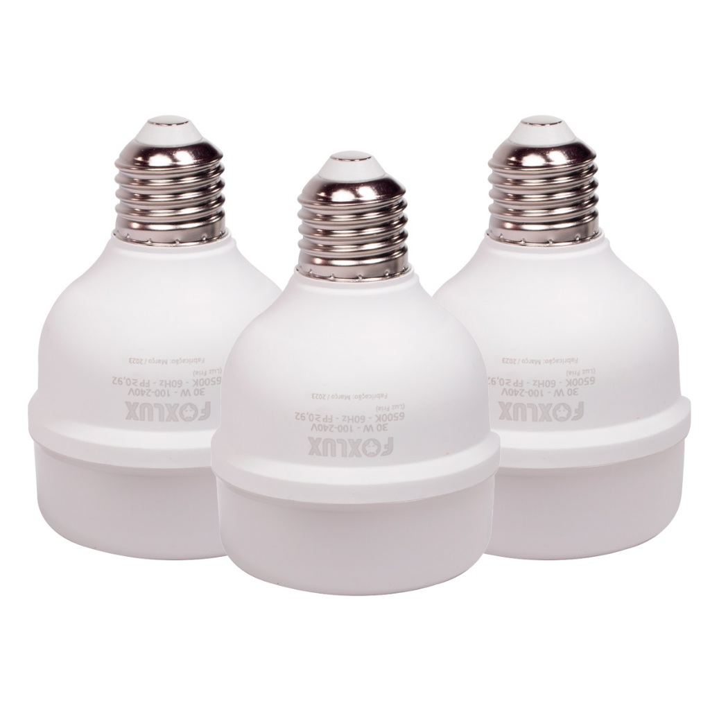 Lâmpada LED Alta Potência Foxlux 30W 6500K Branca Fria 2400lm E27 Bivolt Residências Comércios Kit com 3