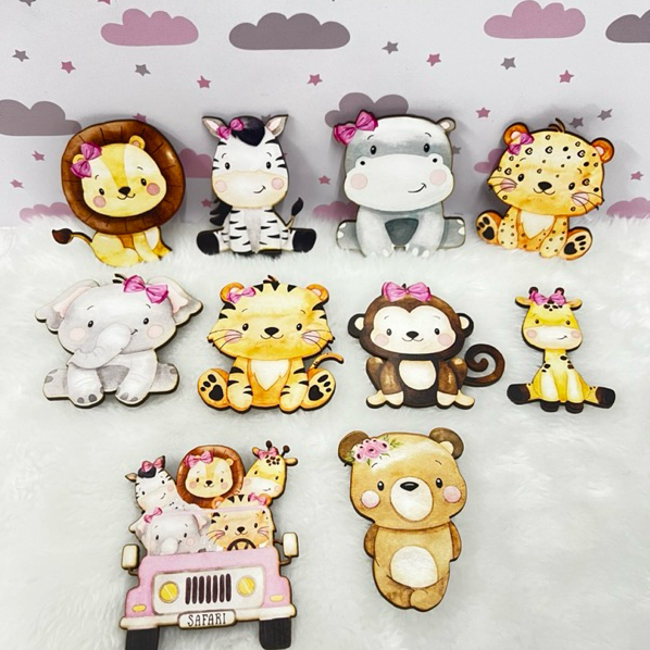 Aplique SAFARI MENINA decoração em MDF Bichinhos safari menina para decoração de objetos ou kit higiêne