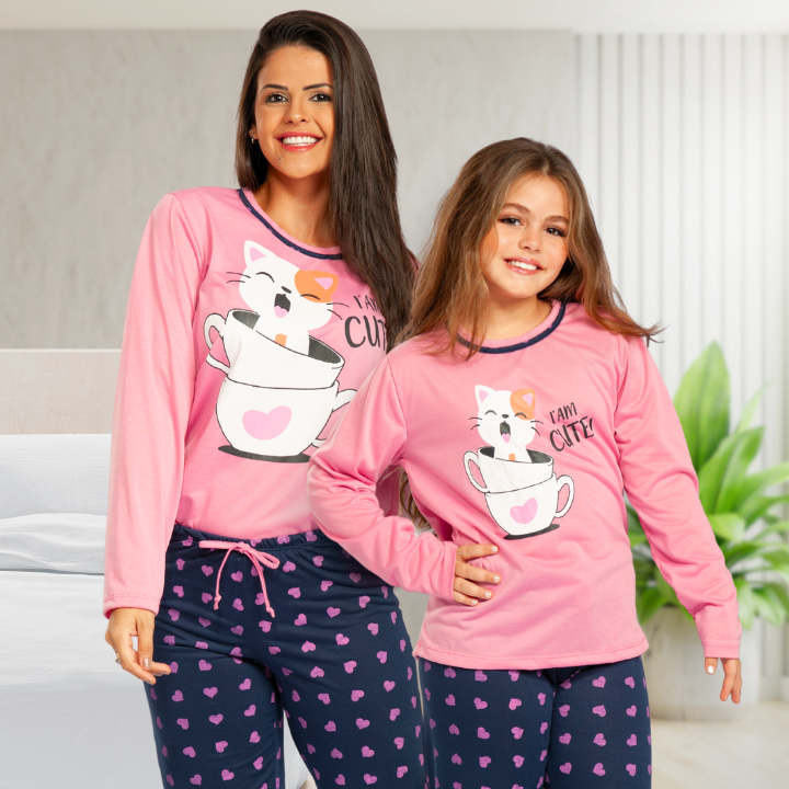 Kit Pijama Mãe e Filha Inverno Conjunto Adulto e Infantil Calça e Blusa de Frio Gato Xícara em Oferta na Shopee