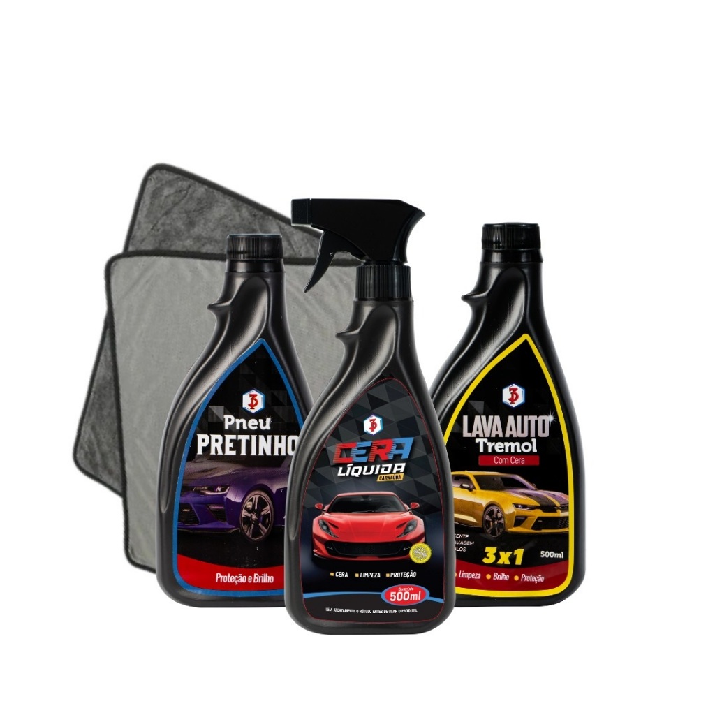Kit Limpeza automotiva Shampoo + Cera + Pretinho + Toalha de microfibra 40x40 Magia da Limpeza